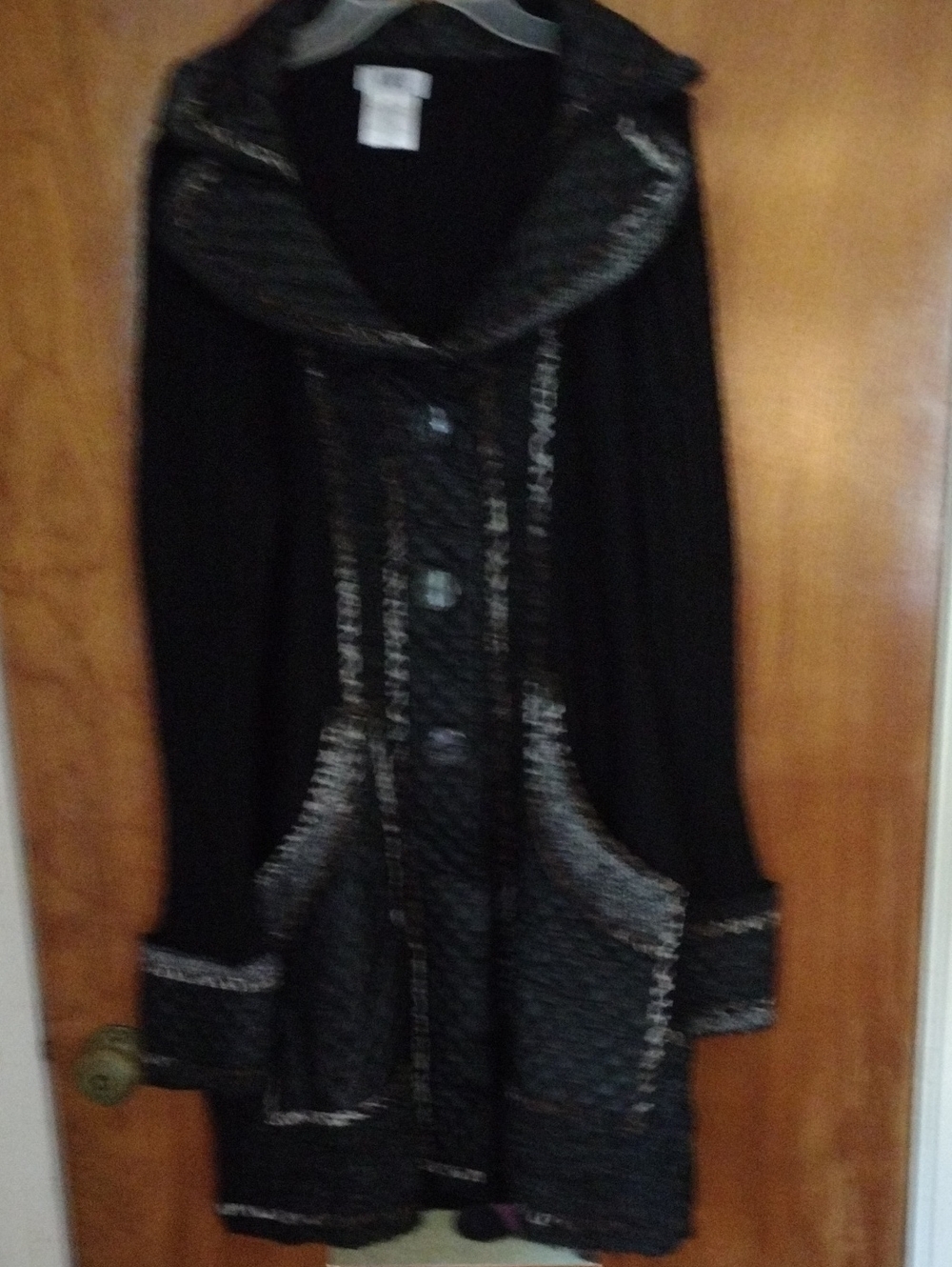 Black Women's Hooded Button Sweater Coat With Faux Leather